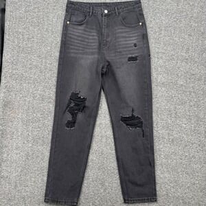 SHEIN Womens High Waisted Distressed Mom Jeans Faded Black Ripped Denim Size L
